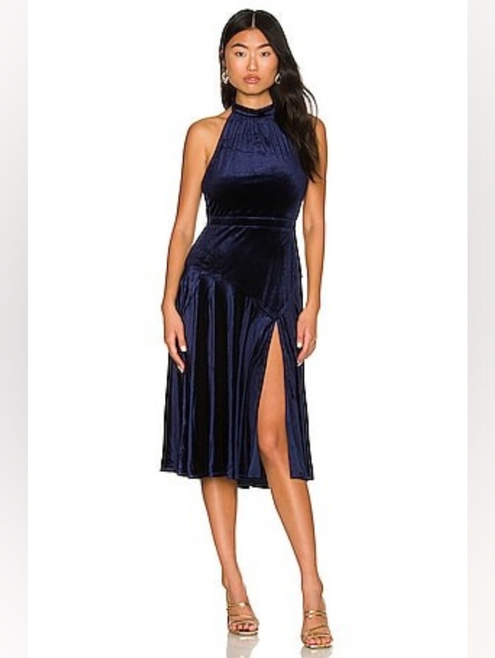 NWT Yumi Kim Infinity Velvet Dress, Navy, Medium, Front Slit Midi Dress Halter